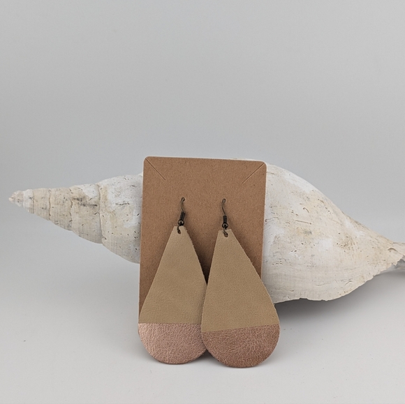 Handmade Jewelry - Leather Teardrop Gold & Rose Gold Earrings